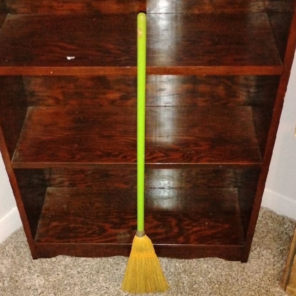 Vintage Child's Green Handle Yellow Bristle Broom Decor, Wall Hanger, Farmhouse